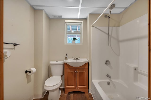 full bath with wood finished floors, visible vents, toilet, vanity, and shower / tub combination
