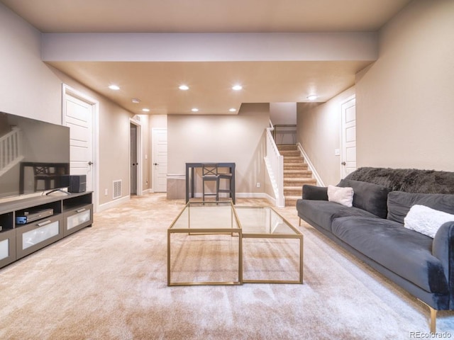 8018 Williams Fork Ave, Littleton, CO 80125 - living area featuring stairway, recessed lighting, carpet floors, and baseboards
