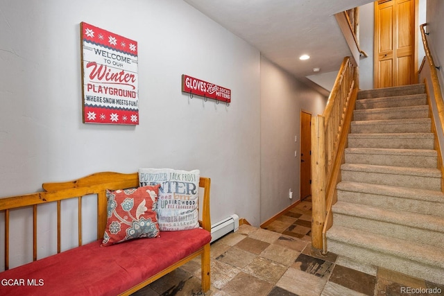 129 Logger Ln, Winter Park, CO 80482 - stairs featuring stone finish flooring, a baseboard heating unit, and recessed lighting