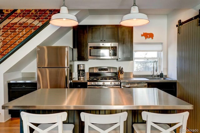 2801 Champa St, Denver, CO 80205 - kitchen featuring stainless steel counters, stainless steel appliances, a barn door, and pendant lighting