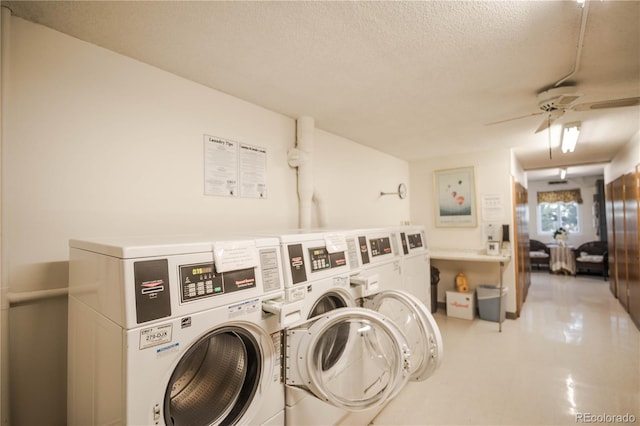 washroom with ceiling fan, independent washer and dryer, and a textured ceiling