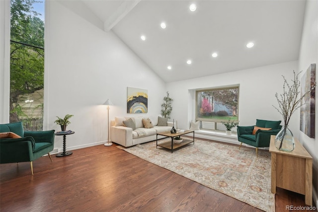 8424 E Otero Cir, Centennial, CO 80112 - living room with high vaulted ceiling, wood finished floors, recessed lighting, baseboards, and beamed ceiling