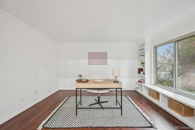 8424 E Otero Cir, Centennial, CO 80112 - office space with dark wood-style floors, crown molding, built in features, and baseboards