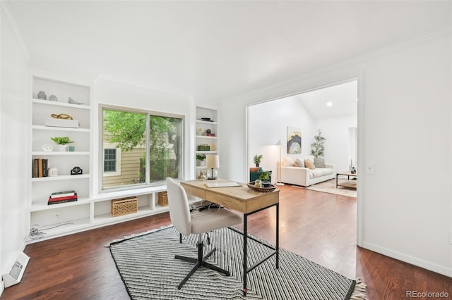 8424 E Otero Cir, Centennial, CO 80112 - office area featuring built in shelves, wood finished floors, and crown molding