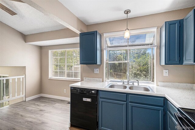 19876 E Brunswick Dr, Aurora, CO 80013 - kitchen with dishwasher, blue cabinets, light wood-style floors, and plenty of natural light