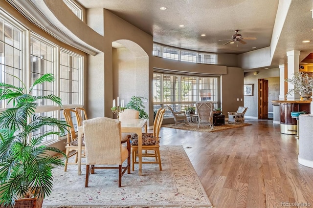 dining room with ceiling fan, plenty of natural light, a textured ceiling, and light hardwood / wood-style floors