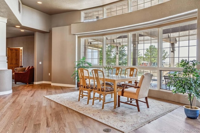 dining space featuring a healthy amount of sunlight, a textured ceiling, and light hardwood / wood-style floors