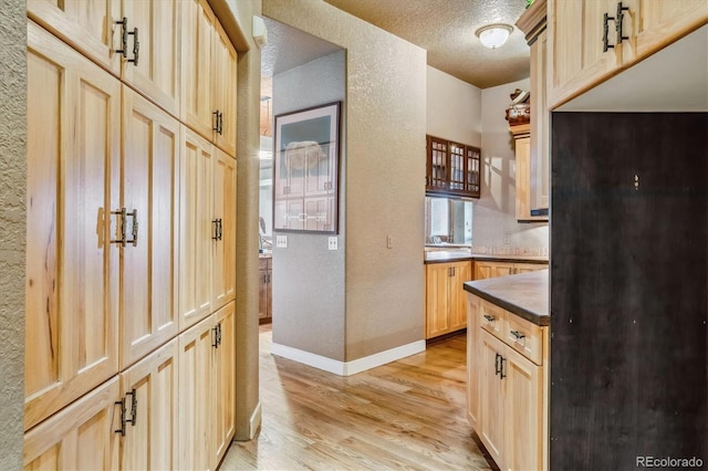 kitchen with light brown cabinets, a textured ceiling, and light hardwood / wood-style flooring