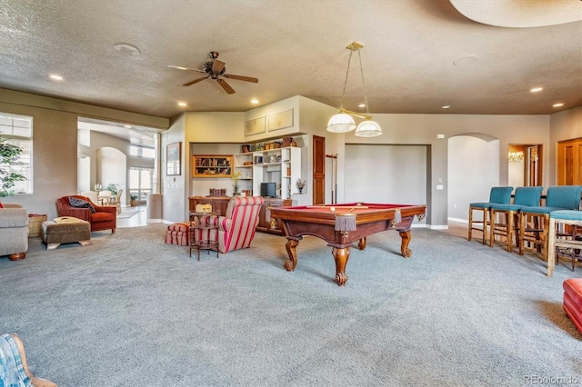 rec room featuring billiards, plenty of natural light, carpet flooring, and a textured ceiling