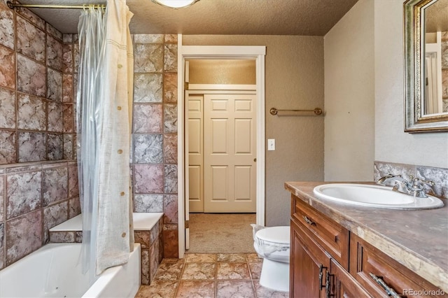 full bathroom with vanity, shower / bath combo with shower curtain, a textured ceiling, and toilet