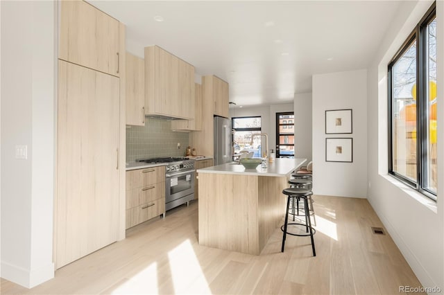 2391 King St, Denver, CO 80211 - kitchen featuring light brown cabinets, modern cabinets, premium appliances, light wood-style floors, and light countertops