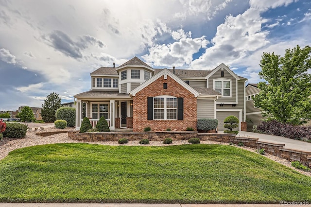 8469 Winter Berry Dr, Castle Pines, CO 80108 - view of front facade with roof with shingles, brick siding, an attached garage, and a front yard