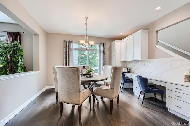 8469 Winter Berry Dr, Castle Pines, CO 80108 - dining space featuring dark wood finished floors, a chandelier, recessed lighting, and baseboards