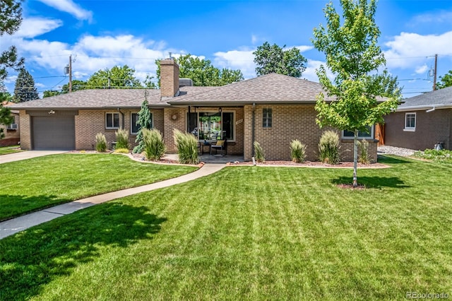 2845 Hudson St, Denver, CO 80207 - ranch-style house featuring brick siding, a chimney, a garage, and a front lawn