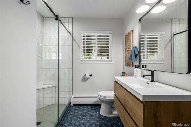 2845 Hudson St, Denver, CO 80207 - full bathroom featuring a baseboard radiator, vanity, and a shower stall