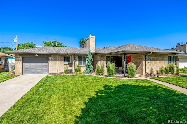 2845 Hudson St, Denver, CO 80207 - single story home featuring a chimney, brick siding, and a garage