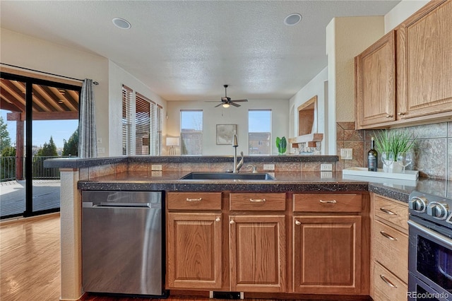 kitchen with a sink, stainless steel appliances, a wealth of natural light, and a ceiling fan