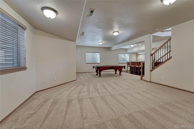 playroom with carpet flooring, baseboards, visible vents, and pool table