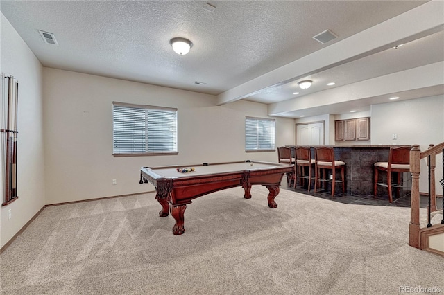 game room with light carpet, visible vents, a dry bar, and billiards