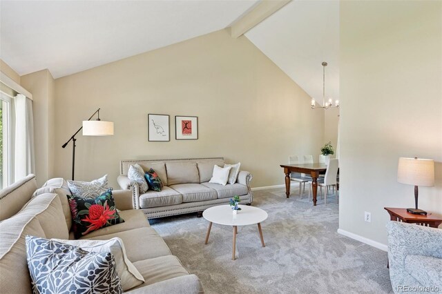 6083 S Glencoe Way, Centennial, CO 80121 - carpeted living room with a chandelier, beam ceiling, baseboards, and high vaulted ceiling