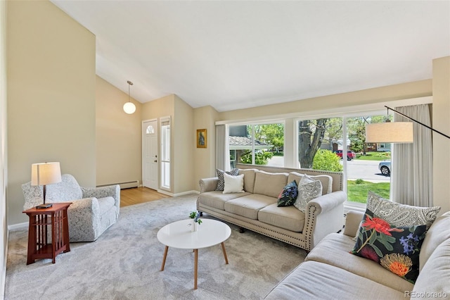 6083 S Glencoe Way, Centennial, CO 80121 - carpeted living room featuring a baseboard heating unit, baseboards, and high vaulted ceiling