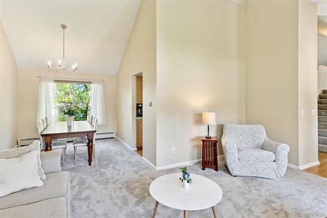 6083 S Glencoe Way, Centennial, CO 80121 - carpeted living area with stairs, high vaulted ceiling, a chandelier, baseboard heating, and baseboards