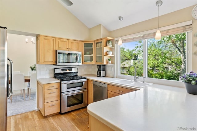 6083 S Glencoe Way, Centennial, CO 80121 - kitchen featuring stainless steel appliances, a sink, light wood-type flooring, light brown cabinets, and backsplash