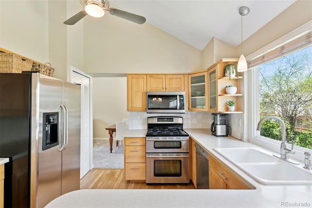 6083 S Glencoe Way, Centennial, CO 80121 - kitchen with stainless steel appliances, a sink, light wood-type flooring, glass insert cabinets, and light countertops