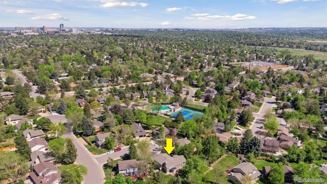 6083 S Glencoe Way, Centennial, CO 80121 - aerial view of property and surrounding area featuring a pool area