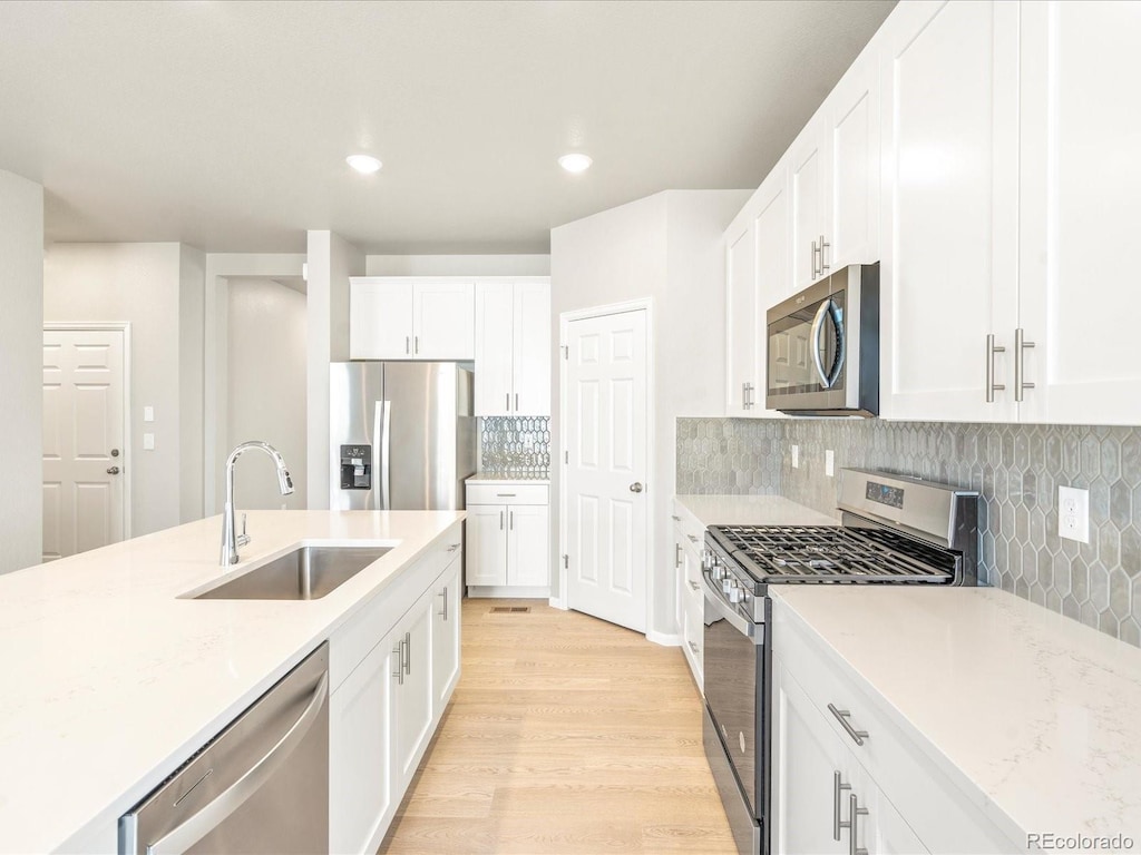 kitchen featuring sink, backsplash, appliances with stainless steel finishes, and white cabinets