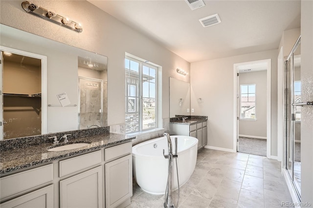 bathroom featuring vanity, a healthy amount of sunlight, and plus walk in shower