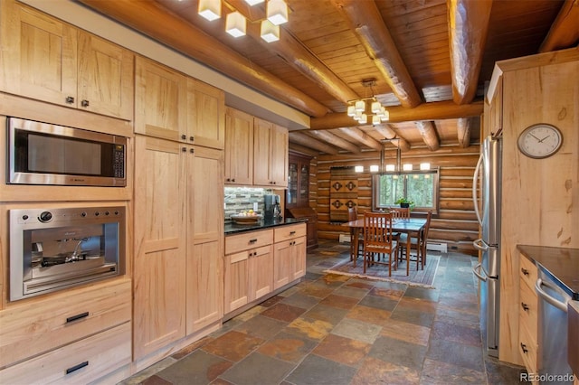 6241 Kilimanjaro Dr, Evergreen, CO 80439 - kitchen featuring log walls, light brown cabinetry, wood ceiling, dark countertops, and appliances with stainless steel finishes