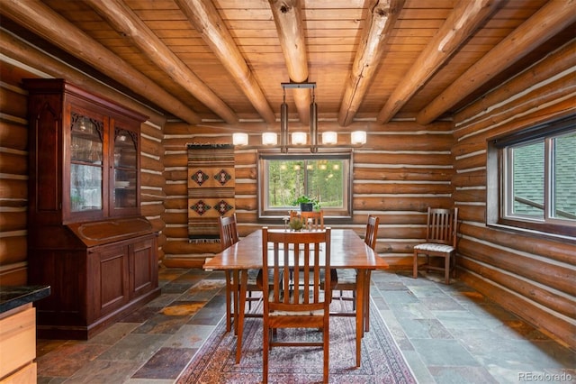 6241 Kilimanjaro Dr, Evergreen, CO 80439 - dining area featuring wooden ceiling, beamed ceiling, stone tile floors, and rustic walls