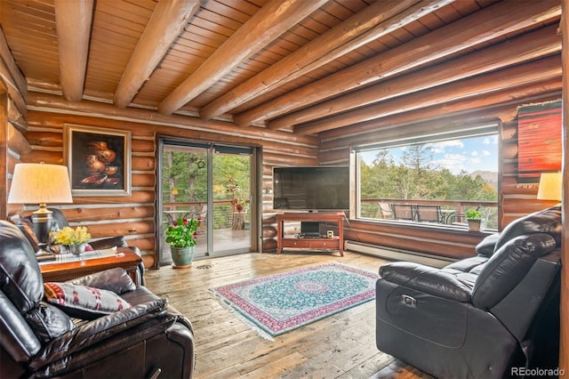 6241 Kilimanjaro Dr, Evergreen, CO 80439 - living area featuring rustic walls, baseboard heating, wood ceiling, wood-type flooring, and beam ceiling