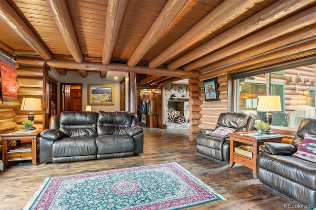 6241 Kilimanjaro Dr, Evergreen, CO 80439 - living area with log walls, wood-type flooring, beamed ceiling, and wood ceiling
