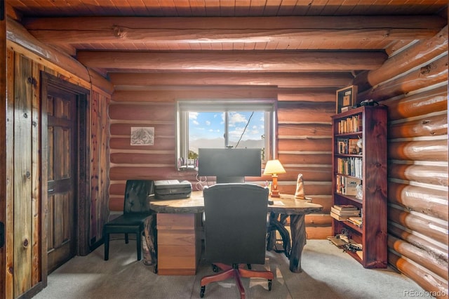 6241 Kilimanjaro Dr, Evergreen, CO 80439 - carpeted office with wooden ceiling, log walls, and beamed ceiling