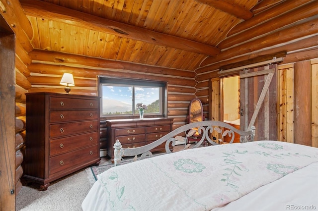 6241 Kilimanjaro Dr, Evergreen, CO 80439 - bedroom with rustic walls, wood ceiling, and light carpet