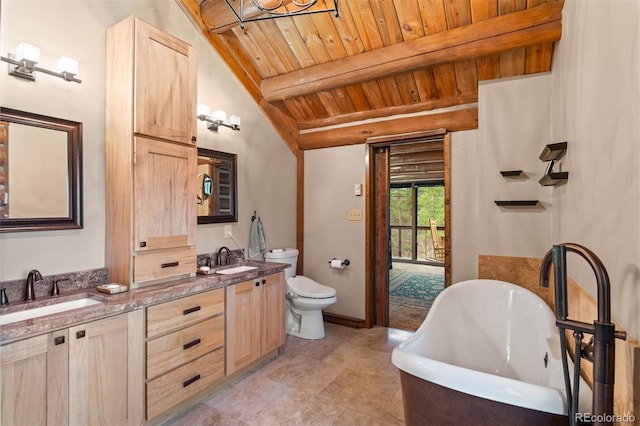6241 Kilimanjaro Dr, Evergreen, CO 80439 - full bathroom with wood ceiling, toilet, a freestanding tub, and double vanity