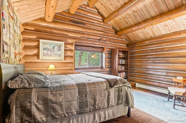 6241 Kilimanjaro Dr, Evergreen, CO 80439 - bedroom featuring baseboard heating, wooden ceiling, and rustic walls
