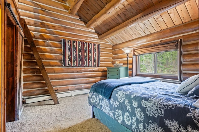 6241 Kilimanjaro Dr, Evergreen, CO 80439 - bedroom with rustic walls, wooden ceiling, carpet, and a baseboard heating unit