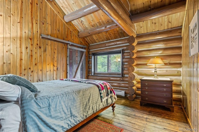 6241 Kilimanjaro Dr, Evergreen, CO 80439 - bedroom with a baseboard heating unit, log walls, wood ceiling, hardwood / wood-style flooring, and lofted ceiling with beams