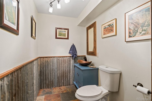 6241 Kilimanjaro Dr, Evergreen, CO 80439 - bathroom with toilet, stone finish flooring, and vanity