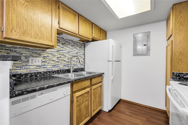 8225 Fairmount Dr Unit 102, Denver, CO 80247 - kitchen with white appliances, electric panel, dark wood-type flooring, backsplash, and dark countertops