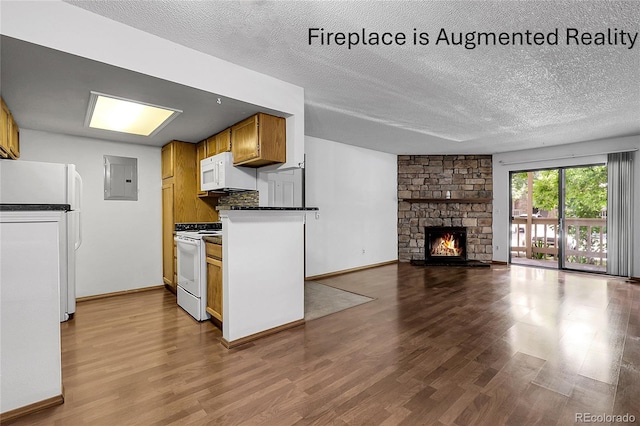 8225 Fairmount Dr Unit 102, Denver, CO 80247 - kitchen featuring white appliances, electric panel, dark countertops, a textured ceiling, and wood finished floors