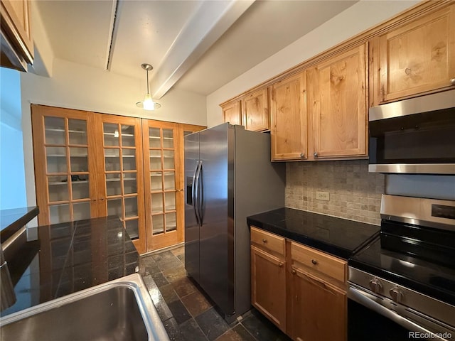 1888 S Jackson St Unit 603, Denver, CO 80210 - kitchen with appliances with stainless steel finishes, backsplash, dark stone finish floors, beam ceiling, and pendant lighting