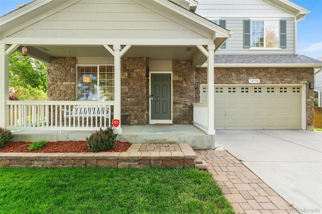 14794 Vine St, Thornton, CO 80602 - view of front of house with covered porch, stone siding, a garage, concrete driveway, and a shingled roof