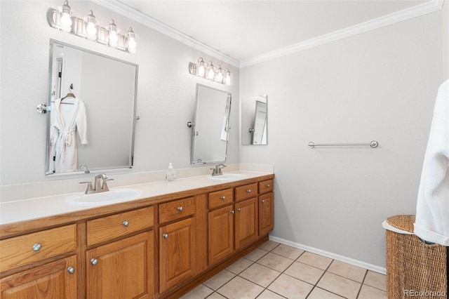 14794 Vine St, Thornton, CO 80602 - full bath with ornamental molding, double vanity, tile patterned flooring, and baseboards
