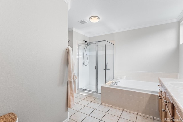 14794 Vine St, Thornton, CO 80602 - bathroom with a stall shower, a bath, tile patterned floors, crown molding, and vanity