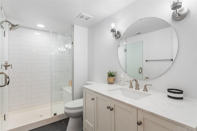 14794 Vine St, Thornton, CO 80602 - bathroom with toilet, a shower stall, vanity, tile patterned floors, and recessed lighting