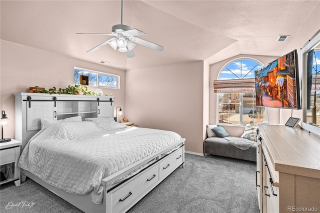25 Tierra Casa Dr, Pueblo, CO 81005 - carpeted bedroom featuring vaulted ceiling, a textured ceiling, and ceiling fan